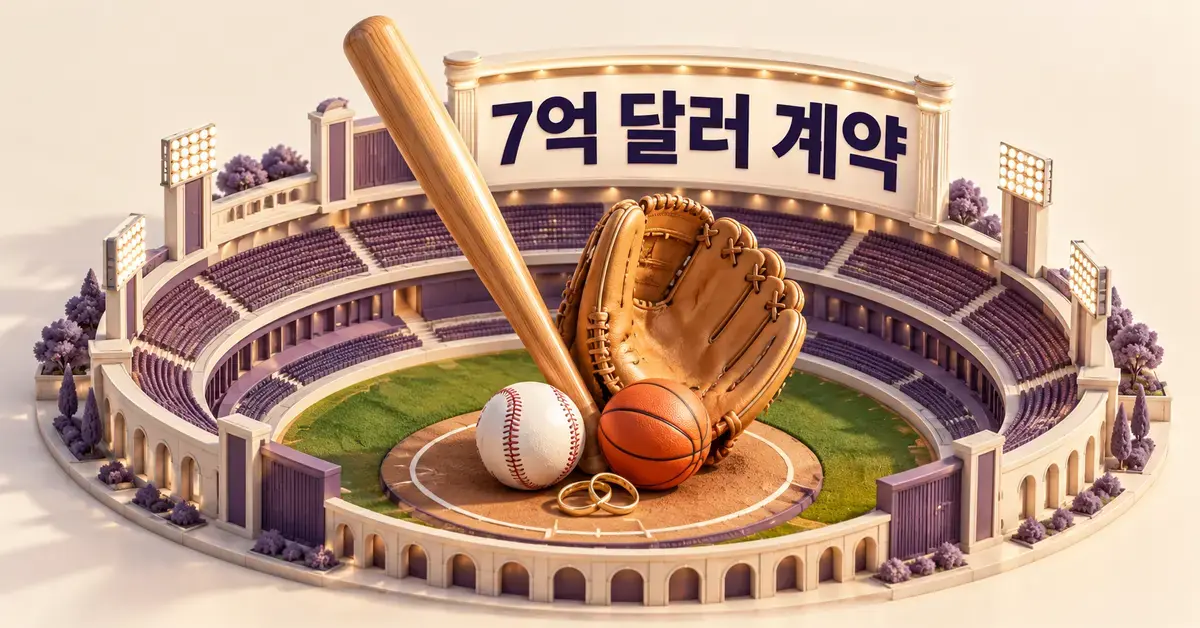 미니어처 야구장에 배트와 글러브, 야구공과 농구공, 결혼반지를 배치하고 ‘7억 달러 계약’ 문구로 오타니 쇼헤이의 야구 경력과 결혼, 대형 계약을 상징한 그래픽.